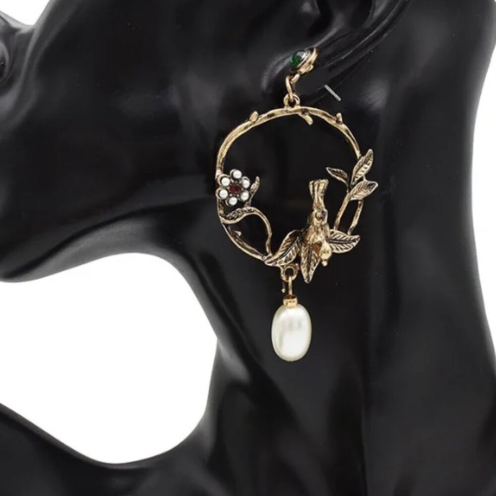 NWT Vintage Style Earrings Gold Tone Pearl Bird Mother's Day Gift E9